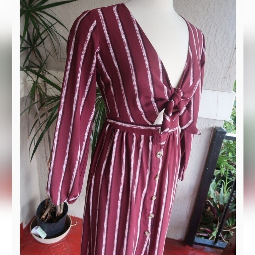 Mimi Chica burgundy stripe long sleeve button down tire front peekaboo dress